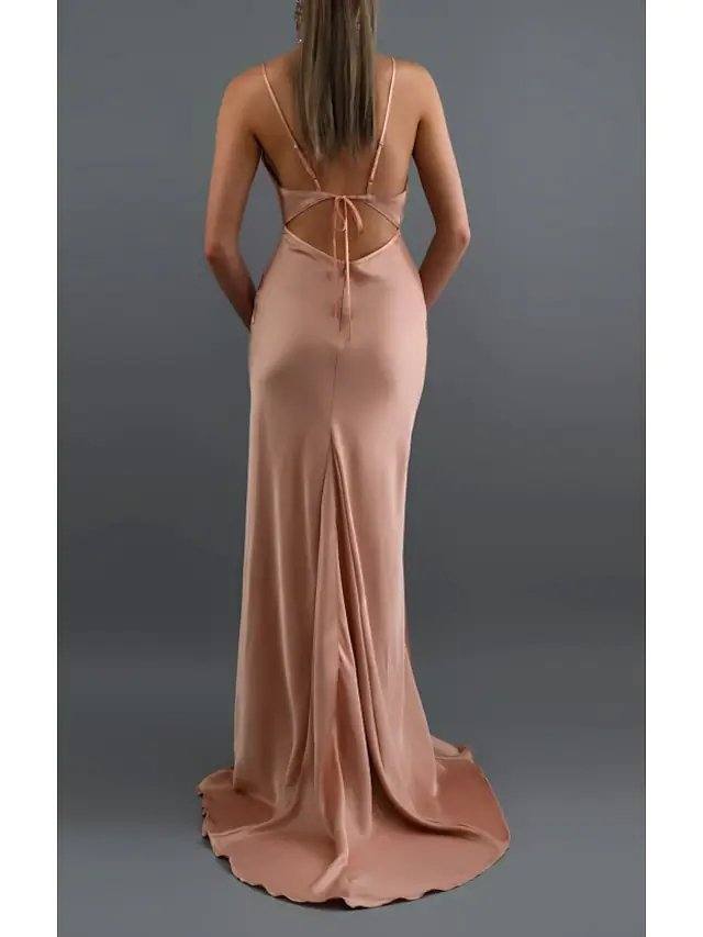 Sheath / Column V Neck / Spaghetti Strap Sweep / Brush Train Charmeuse Bridesmaid Dress with Bandage - RongMoon