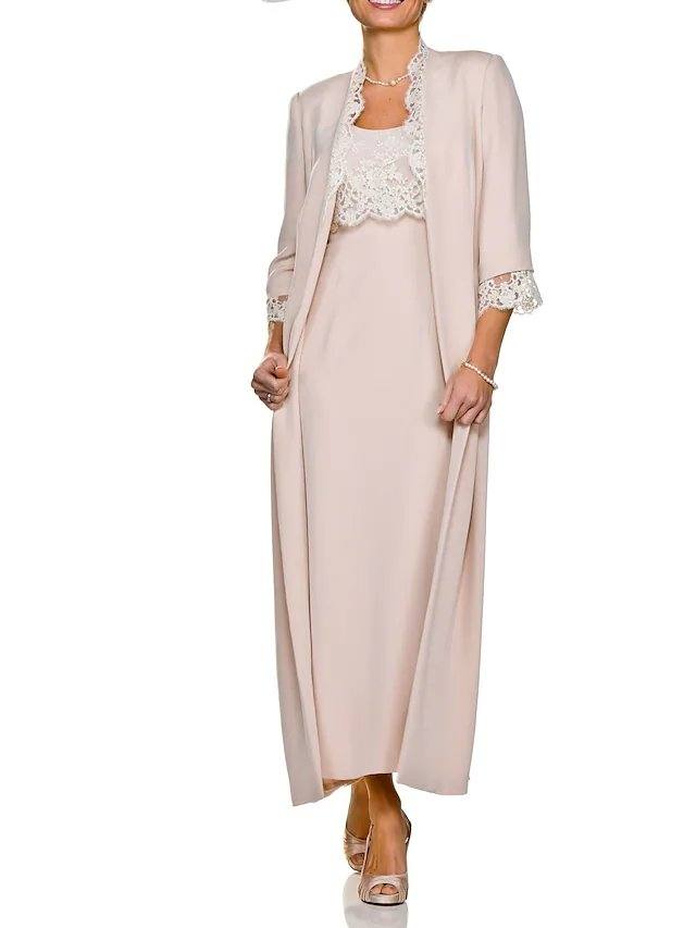 Two Piece Sheath / Column Mother of the Bride Dress Elegant Jewel Neck Ankle Length Lace Stretch Fabric Sleeveless with Appliques - RongMoon