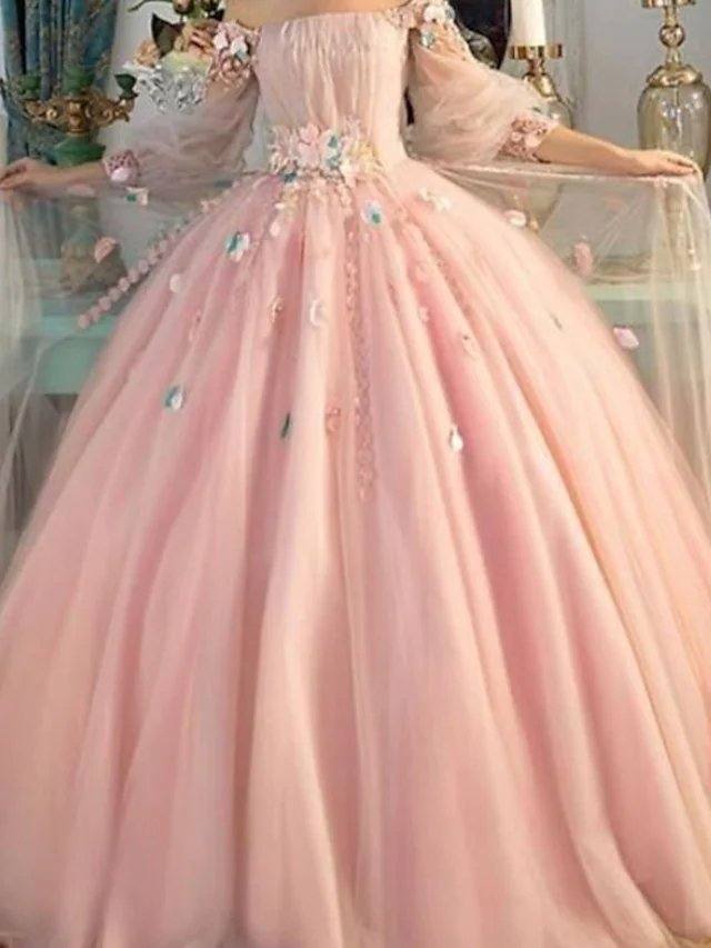 Ball Gown Elegant Floral Quinceanera Prom Dress Off Shoulder Long Sleeve Floor Length Tulle with Pleats Appliques - RongMoon