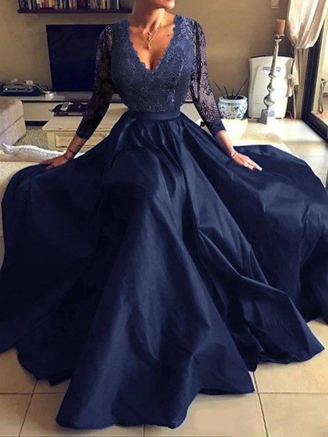 A-Line Luxurious Elegant Party Wear Formal Evening Dress V Neck Long Sleeve Floor Length Tulle with Pleats Appliques - RongMoon