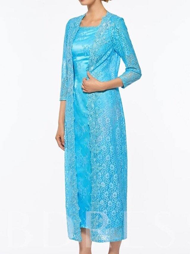 Two Piece Sheath / Column Mother of the Bride Dress Elegant Square Neck Ankle Length Lace 3/4 Length Sleeve with Lace - RongMoon