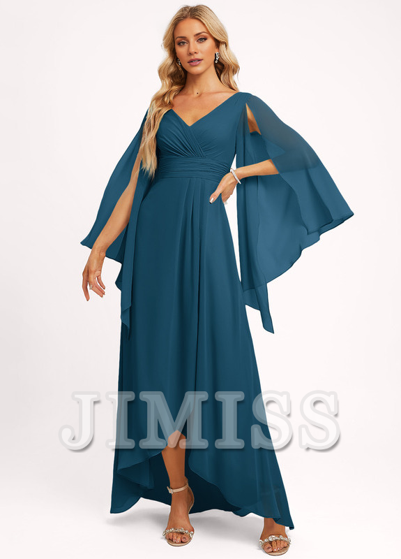 Ruffled A-line V-neck Asymmetric Chiffon Bridesmaids Dress