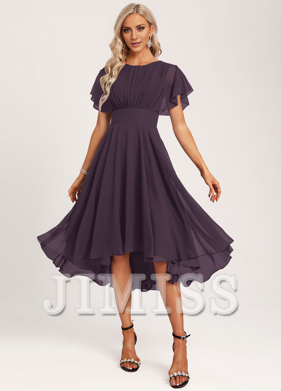 Ruffled A-line Spoon Asymmetric Chiffon Bridesmaids Dress