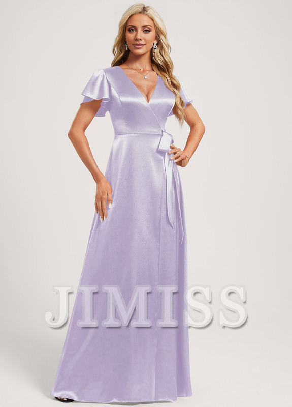 A-Line V-Neck Floor-Length Stretch Satin Bridesmaids Dress