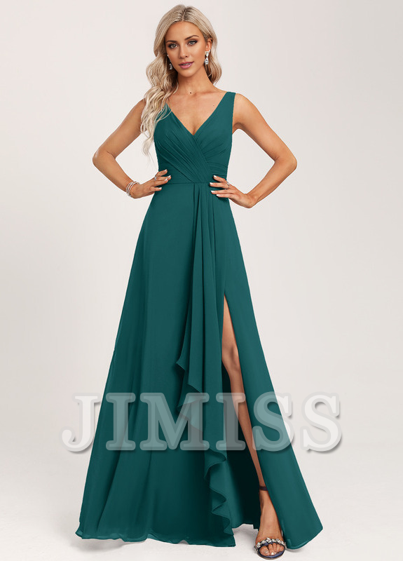 Ruffled A-line V-neck Floor-length Chiffon Bridesmaids Dress