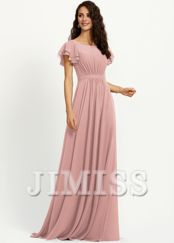 Ruffled A-line Scoop Neck Chiffon Bridesmaids Dress