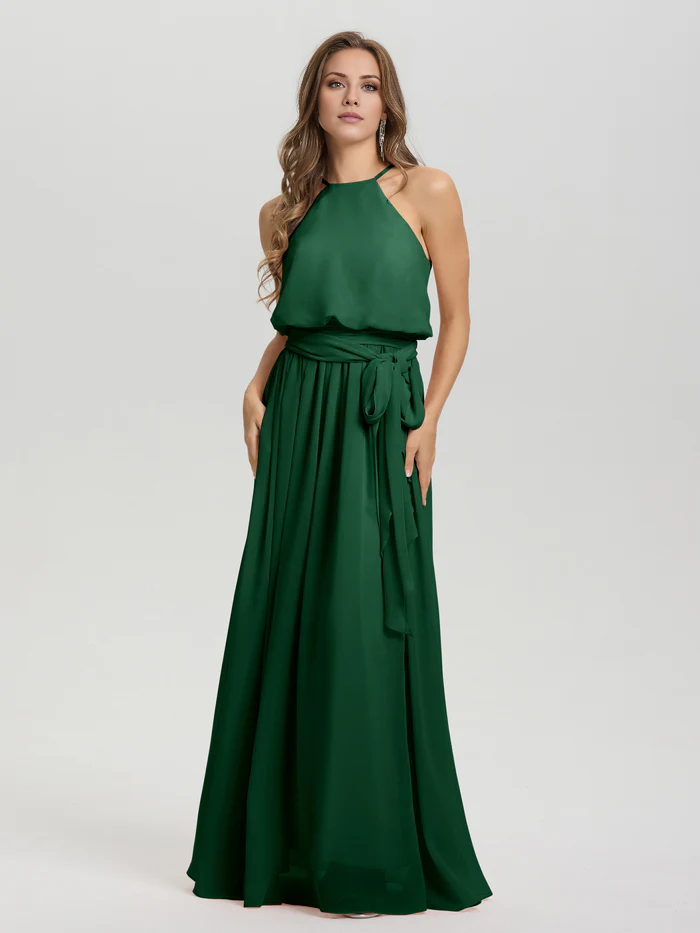 Hanging neck low round neck sleeveless chiffon and floor length Bridesmaid dresses