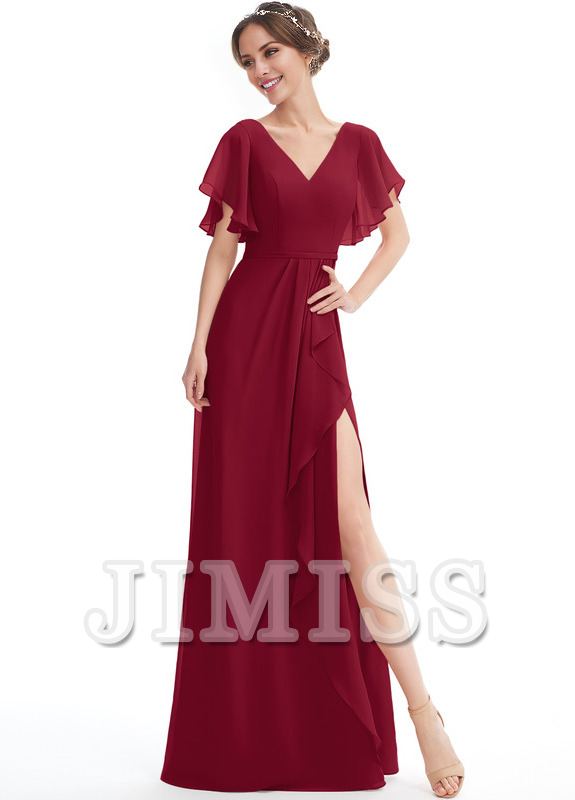 Ruffled A-line V-neck Floor-length Chiffon Bridesmaids Dress