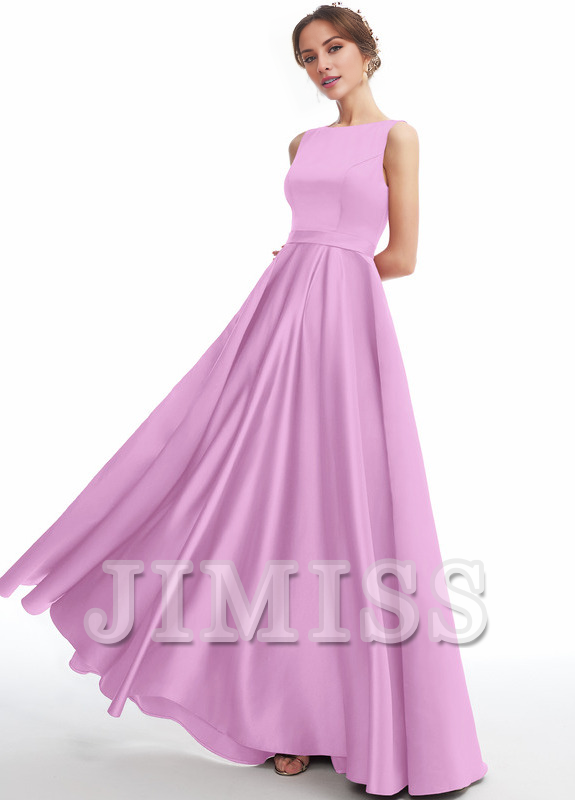A-line Scoop Neck Floor Length Satin Bridesmaids Dress
