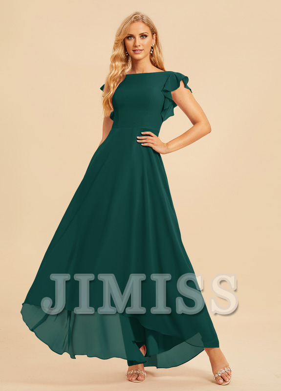 Ruffled A-line Scoop Asymmetric Chiffon Bridesmaids Dress