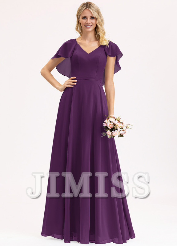Tiered Ruffle A-Line V-Neck Floor-Length Chiffon Bridesmaids Dress