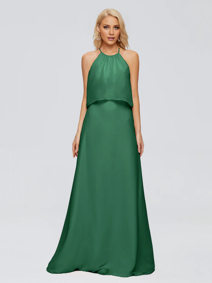 Post neck chiffon and floor length bridesmaid dress