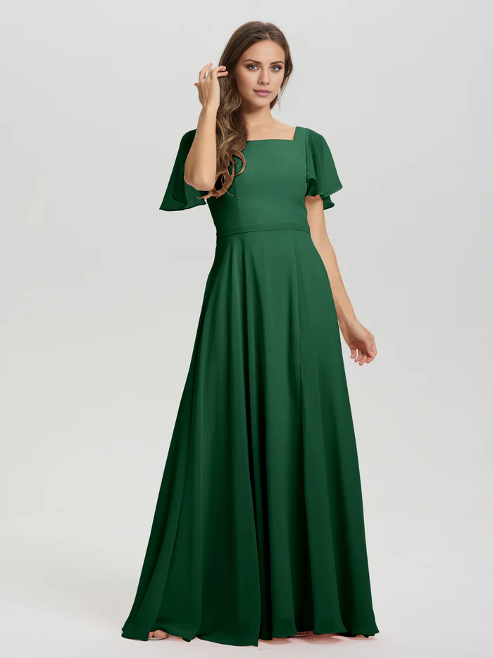 A-line square collar ruffled short sleeved and ground chiffon/ground length bridesmaid dress