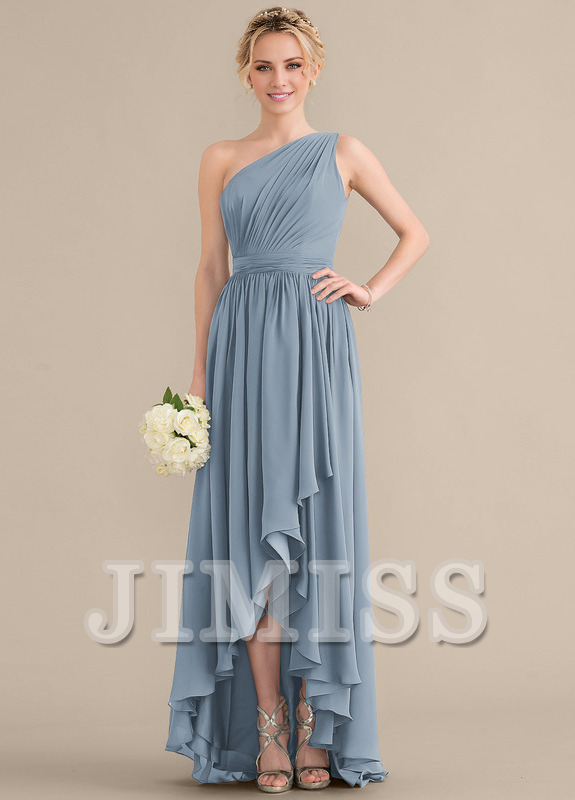 Tiered Ruffle A-Line One Shoulder Asymmetric Chiffon Bridesmaids Gown