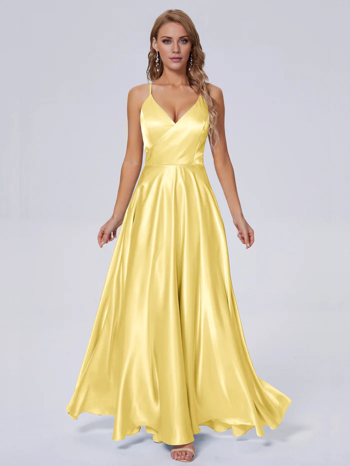 Elegant shoulder strap soft satin and floor length bridesmaid dress
