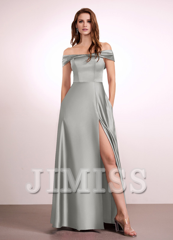 A-Line Off-The-Shoulder Floor-Length Satin Bridesmaids Dress