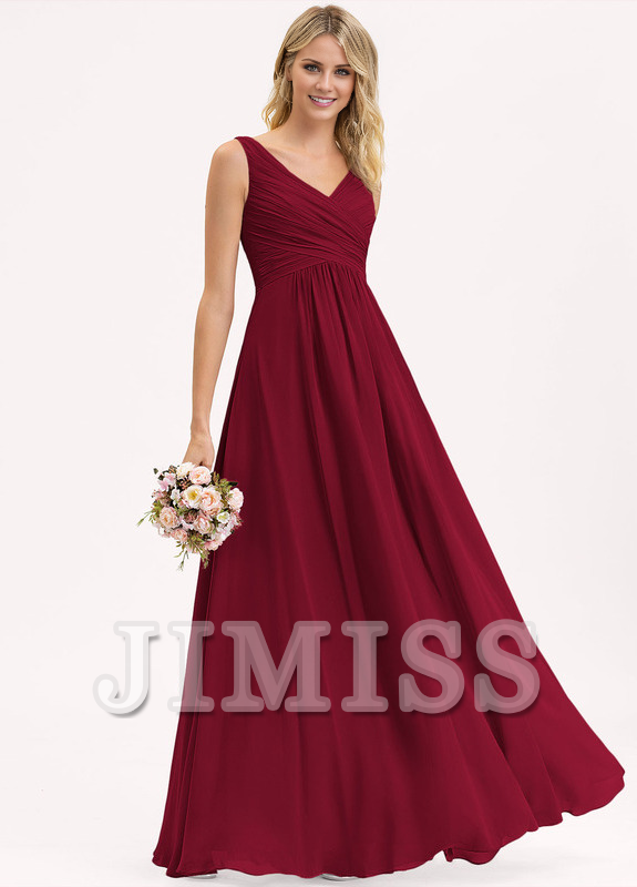A-line V-neck floor-length chiffon pleated bridesmaid dress