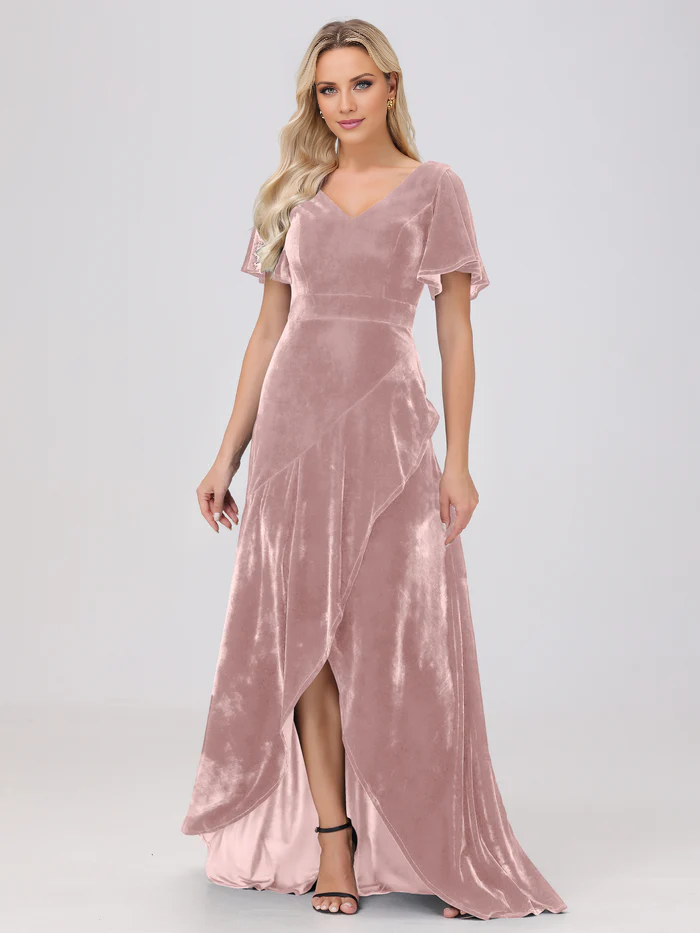 V-neck short sleeved ruffled velvet and floor length bridesmaid dress