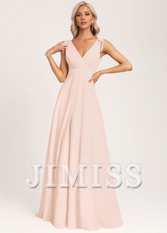 A-link V-neck and ground chiffon bow bridesmaid dress