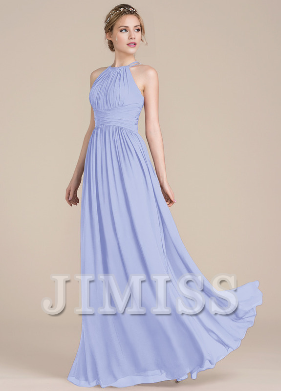 Lotus leaf A-line low round neck chiffon bridesmaid dress
