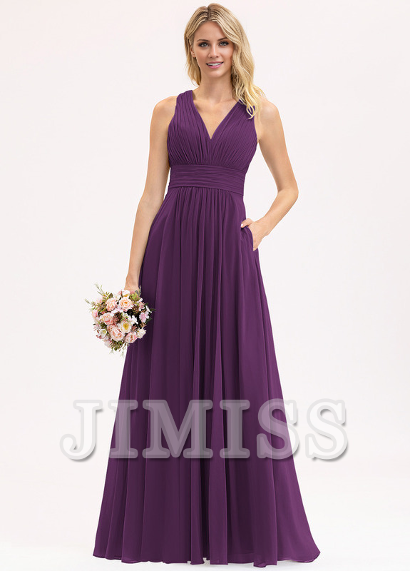 Bow Ruffle A-Line V-Neck Floor Length Chiffon Bridesmaids Dress