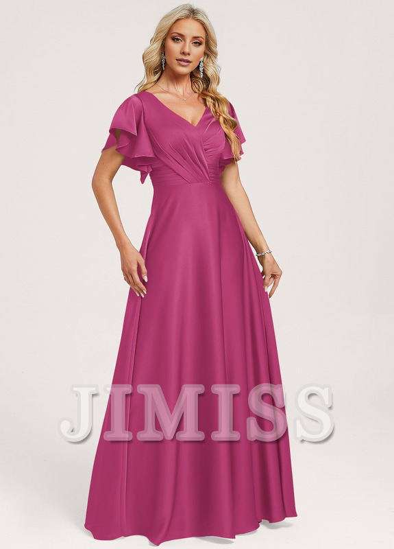 Ruffled A-line V-neck Floor-length Satin Bridesmaids Dress