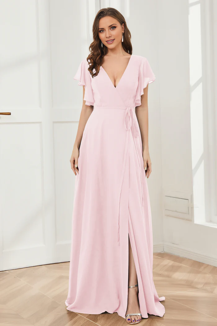V-neck ruffled sleeve chiffon slit and floor length bridesmaid dress
