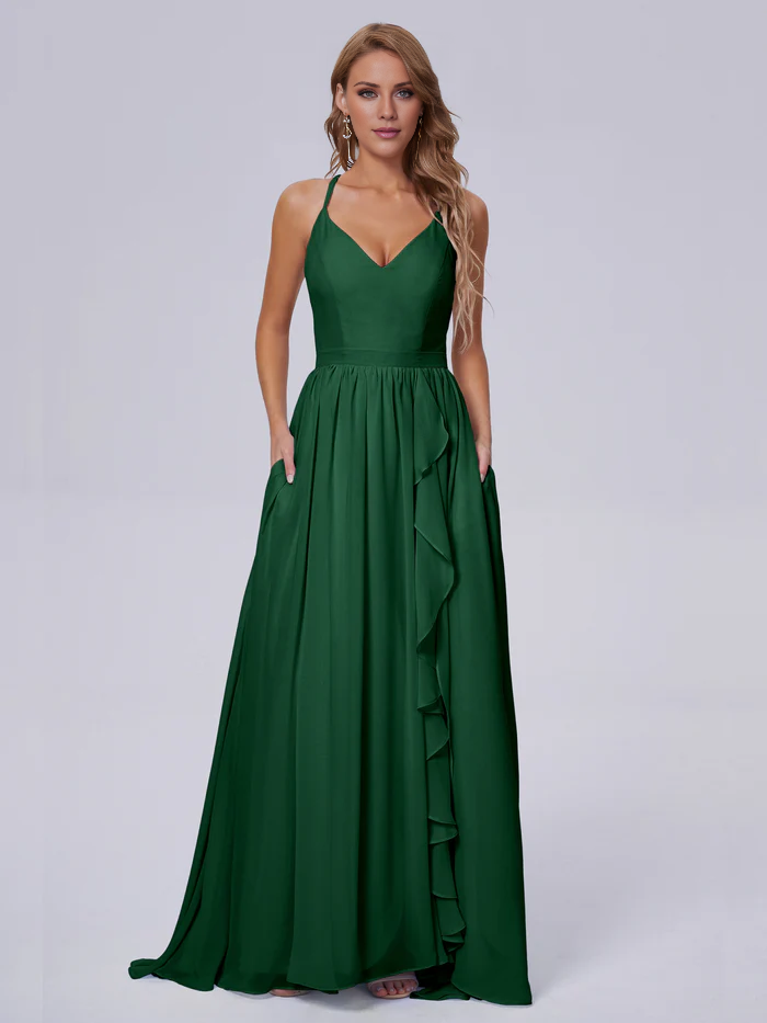 Elegant shoulder strap chiffon and floor length bridesmaid dress