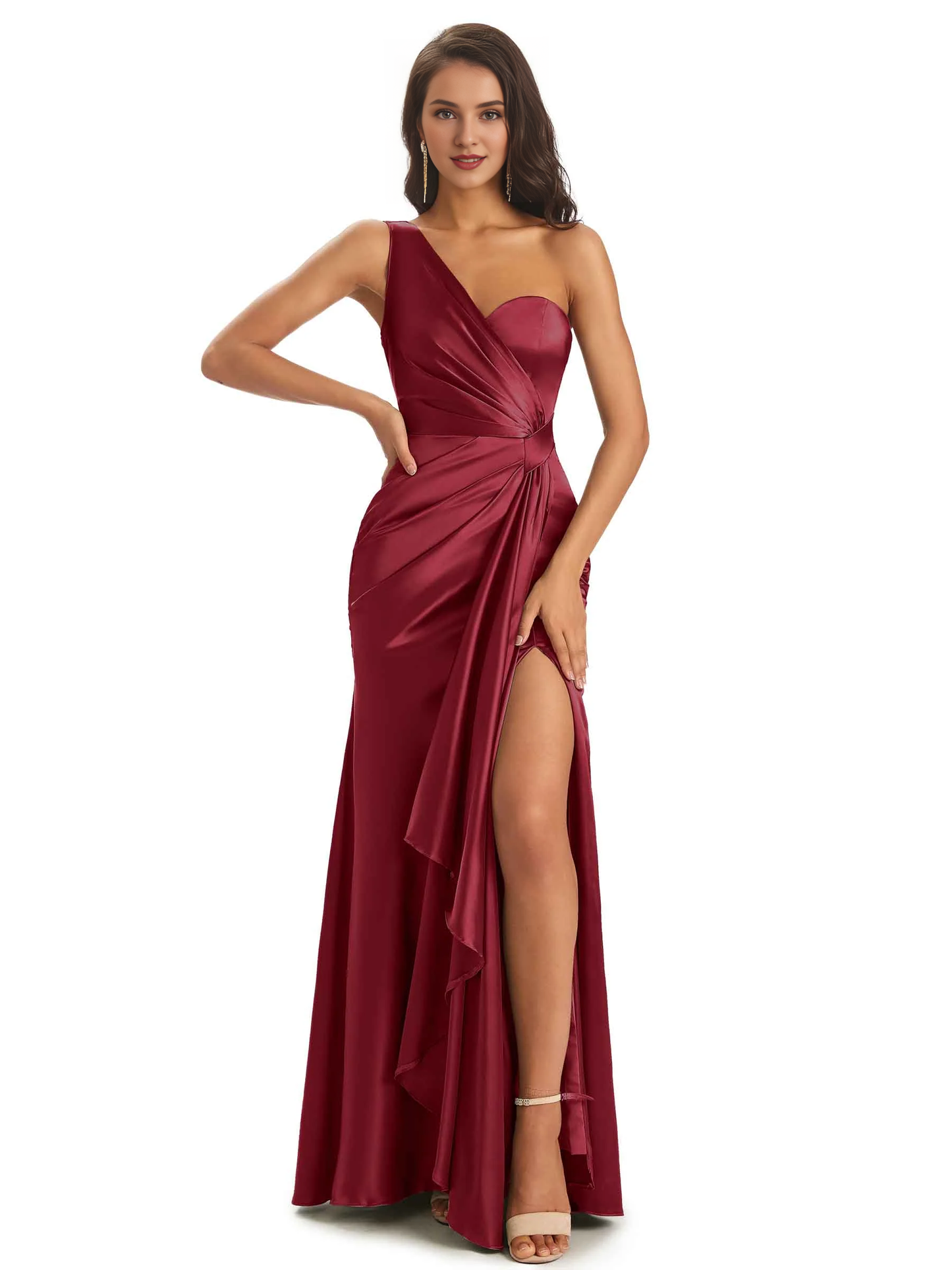 Elegant and soft satin side slit one shoulder unique fish tail bridesmaid dress