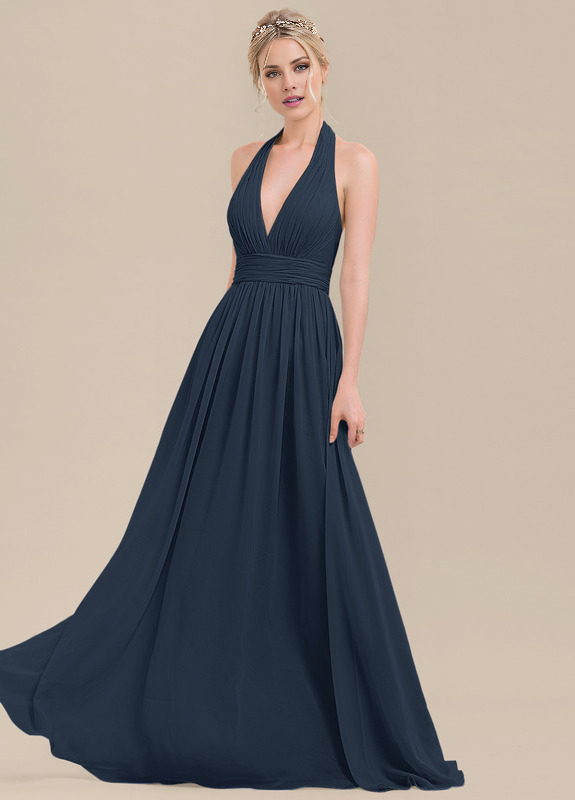 Ruffled A-Line Halter Neck Floor Length Chiffon Bridesmaids Dress