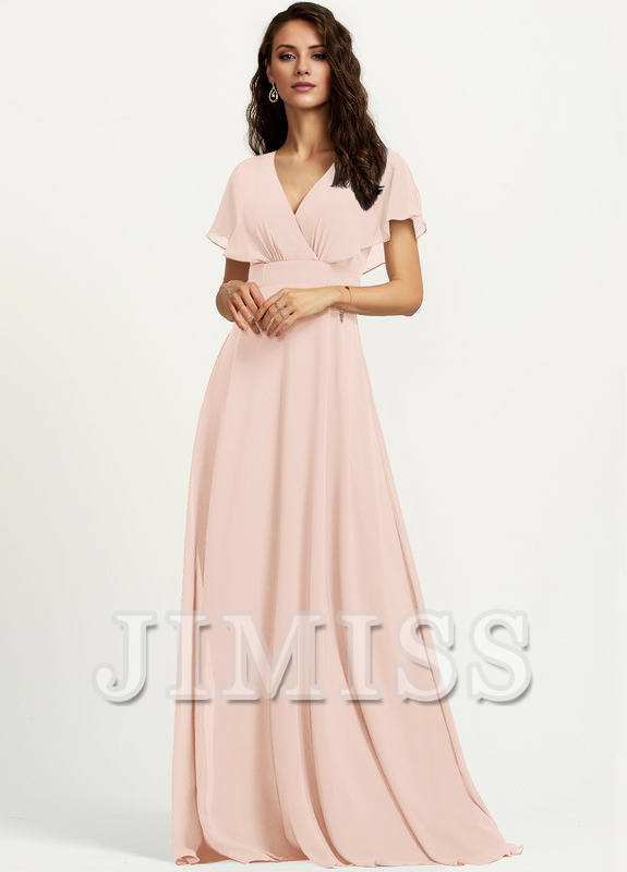 A-line V-neck floor-length chiffon bridesmaid dress