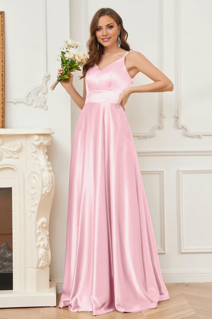 Thin shoulder strap V-neck soft satin and floor length bridesmaid dress