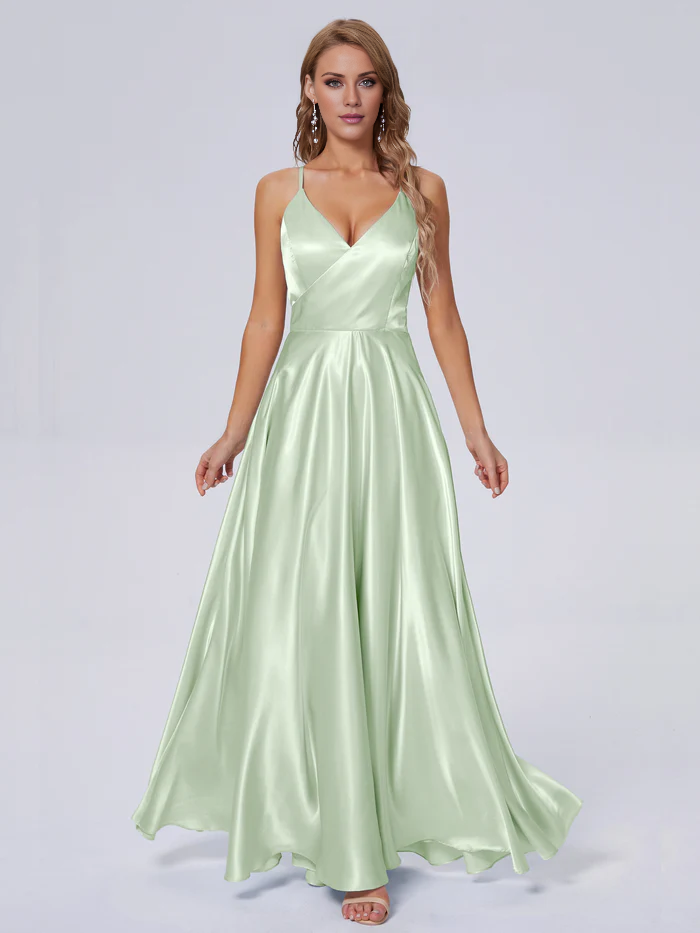 Elegant shoulder strap soft satin and floor length bridesmaid dress