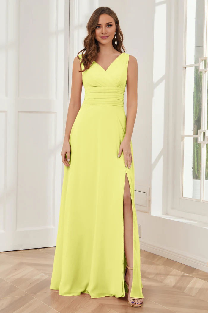 V-neck sleeveless chiffon side slit and floor length bridesmaid dress