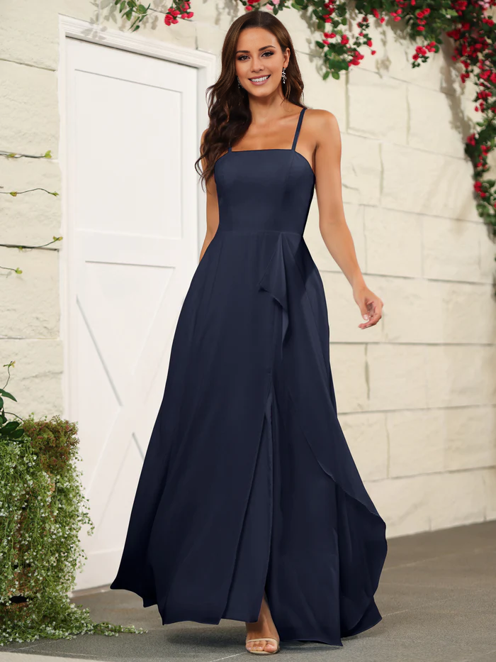 Beautiful chiffon thin shoulder strap and floor length bridesmaid dress