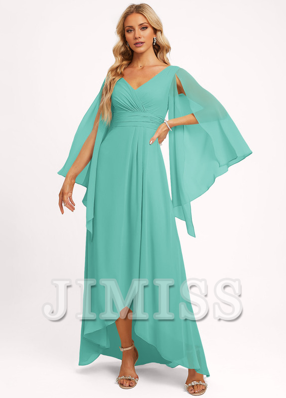 Ruffled A-line V-neck Asymmetric Chiffon Bridesmaids Dress