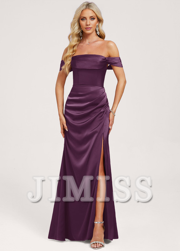 Ruffled A-Line Off-The-Shoulder Floor-Length Matte Satin Bridesmaids Dress