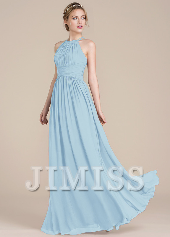 Lotus leaf A-line low round neck chiffon bridesmaid dress