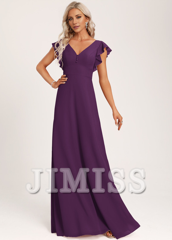 Ruffled A-line V-neck Floor-length Chiffon Bridesmaids Dress