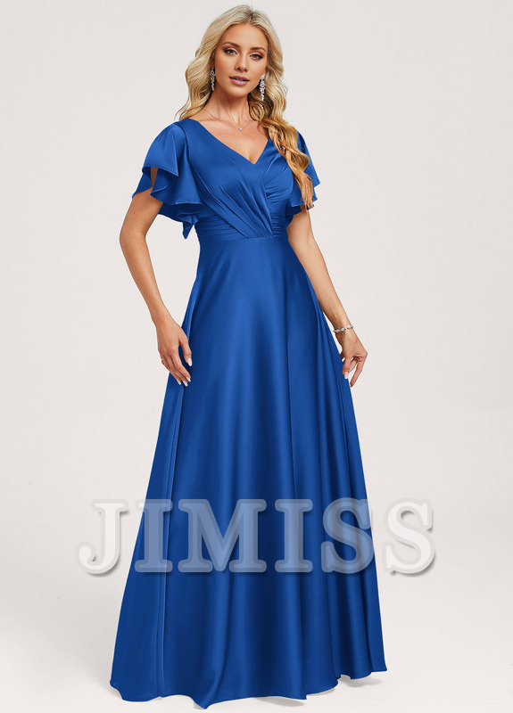 Ruffled A-line V-neck Floor-length Satin Bridesmaids Dress