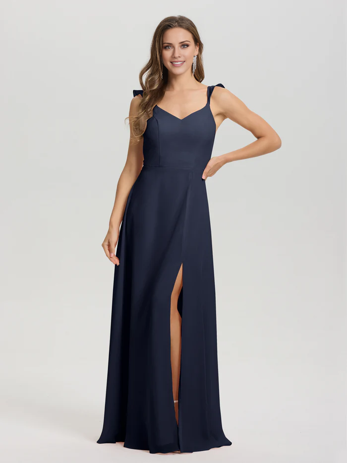 V-neck shoulder strap tied chiffon slit and floor length bridesmaid dress