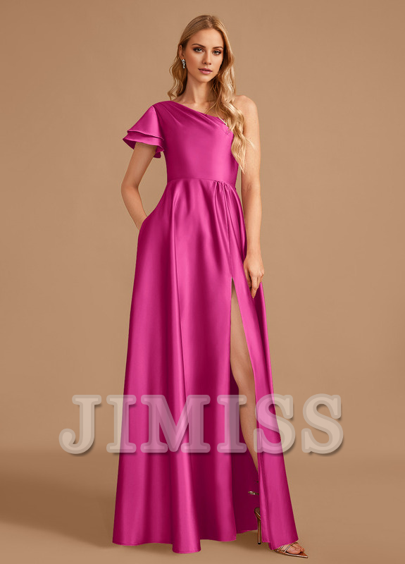 A-line one-shoulder floor-length satin bridesmaid dress