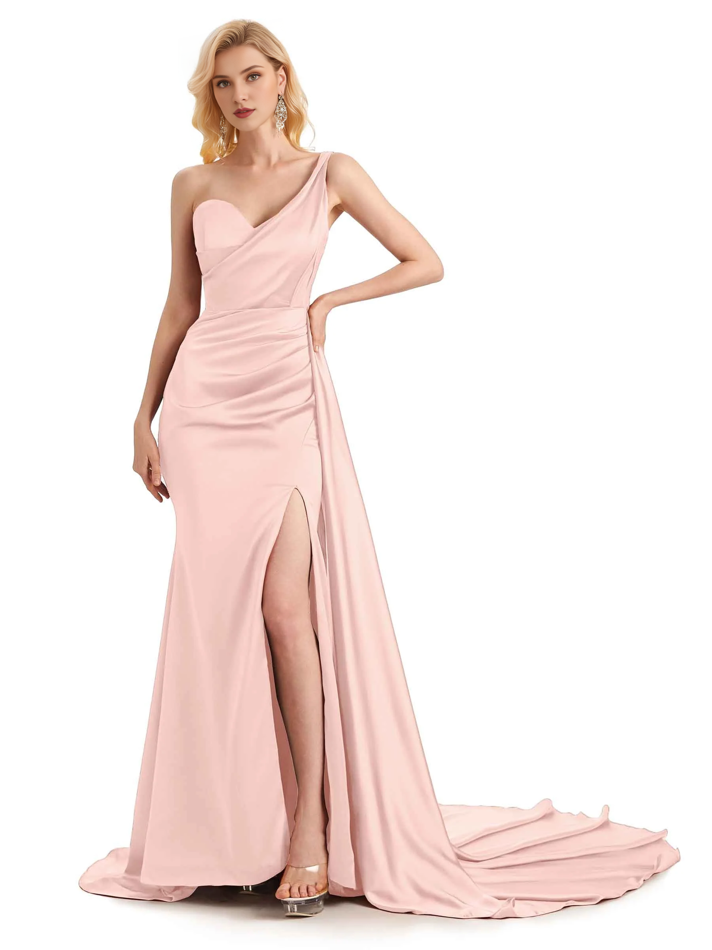 Sexy side slit shoulder long soft satin unique mermaid bridesmaid dress