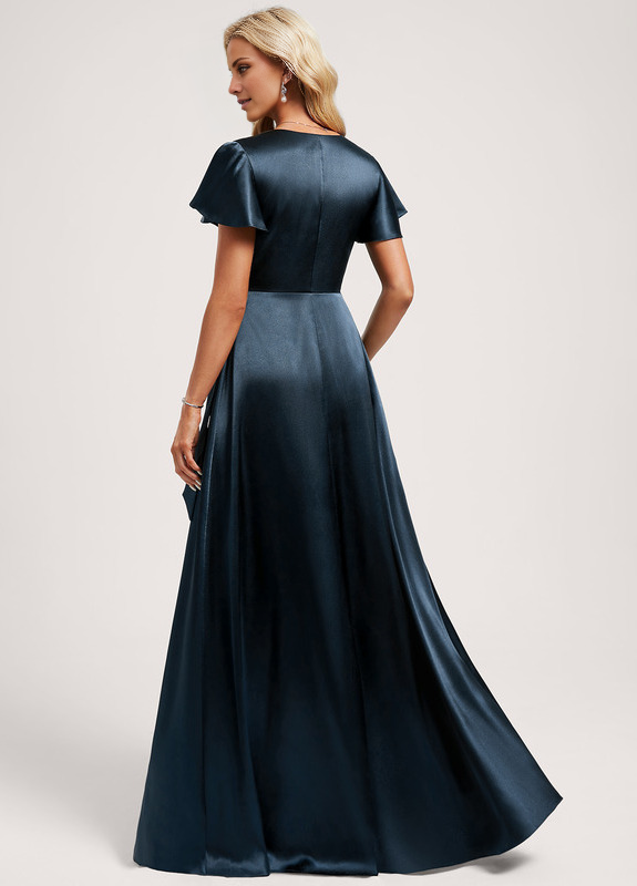 A-Line V-Neck Floor-Length Stretch Satin Bridesmaids Dress