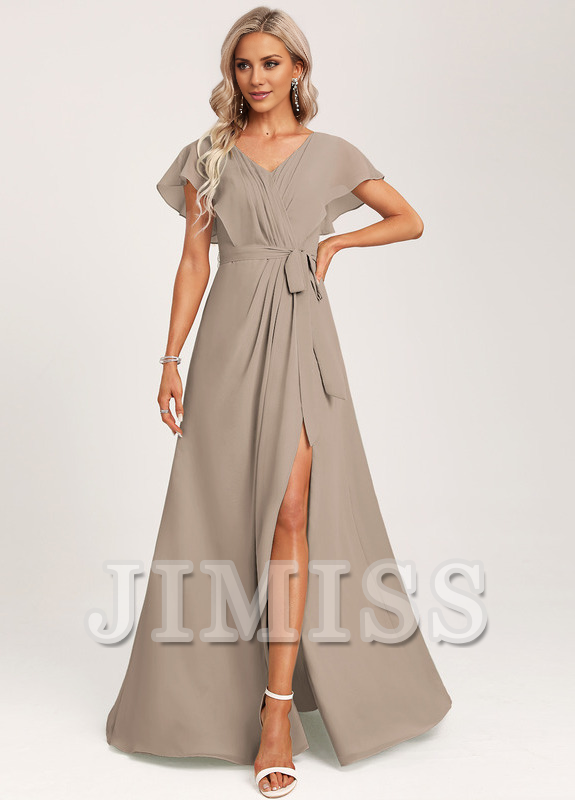 Ruffled A-line V-neck Floor-length Chiffon Bridesmaids Dress