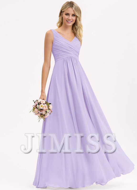 A-line V-neck floor-length chiffon pleated bridesmaid dress