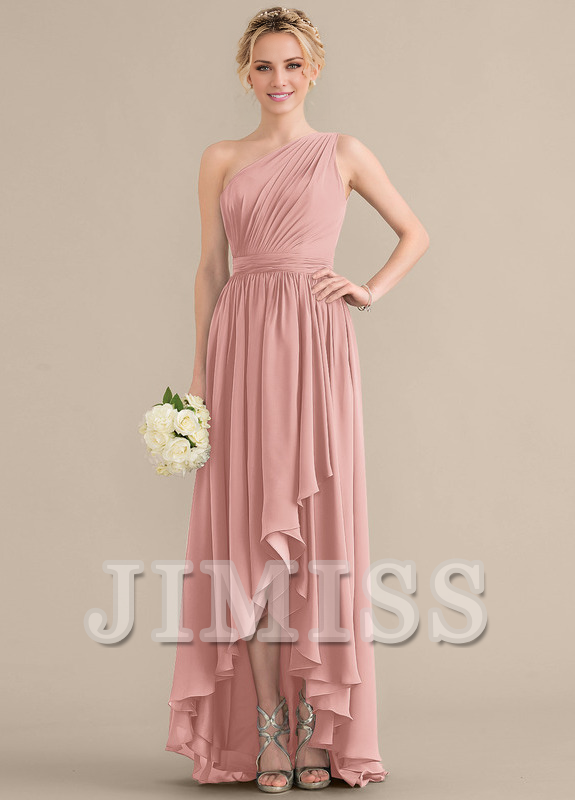Tiered Ruffle A-Line One Shoulder Asymmetric Chiffon Bridesmaids Gown