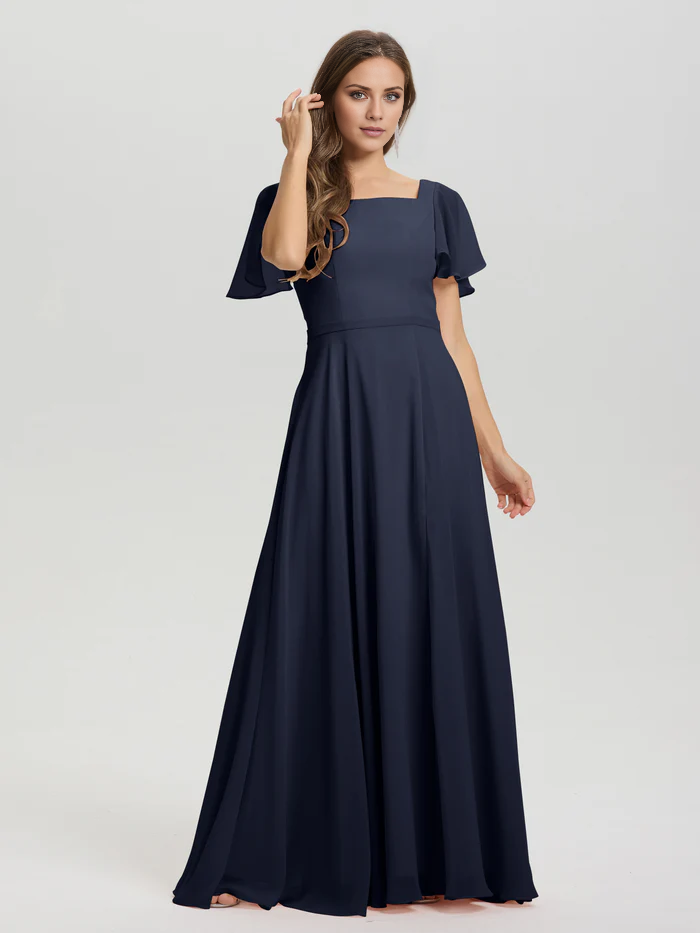 A-line square collar ruffled short sleeved and ground chiffon/ground length bridesmaid dress