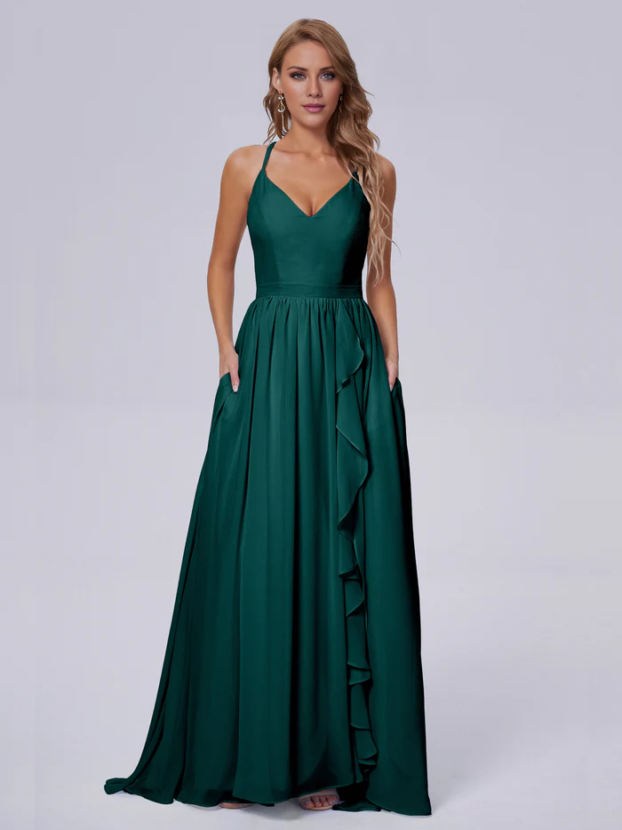 Elegant shoulder strap chiffon and floor length bridesmaid dress