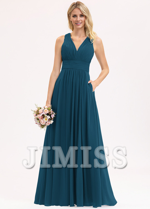 Bow Ruffle A-Line V-Neck Floor Length Chiffon Bridesmaids Dress